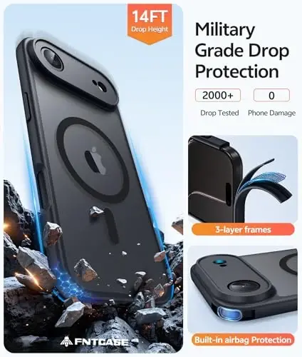 FNTCASE для iPhone Air Case: Magnetic Translucent Matte [Full Covered Camera Protection] [Screen Protector] Military Shockproof Slim Cover Drop Proof Protective 17 Air 2025 Phone Cases - Black - 5