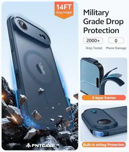 FNTCASE для iPhone Air Case: Magnetic Translucent Matte [Full Covered Camera Protection] [Screen Protector] Military Shockproof Slim Cover Drop Proof Protective 17 Air 2025 Phone Cases - Blue - 5