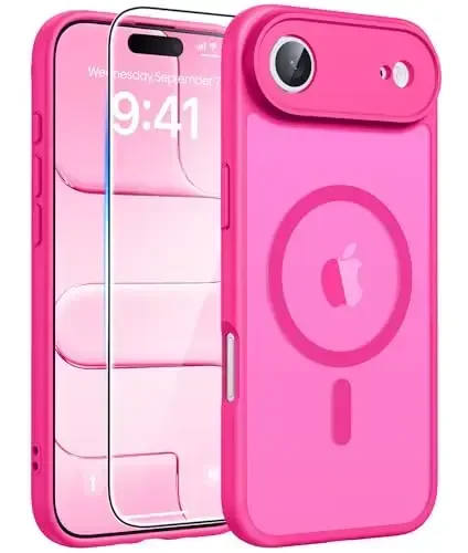 FNTCASE для iPhone Air Case: Magnetic Translucent Matte [Full Covered Camera Protection] [Screen Protector] Military Shockproof Slim Cover Drop Proof Protective 17 Air 2025 Phone Cases - Hot Pink - 1