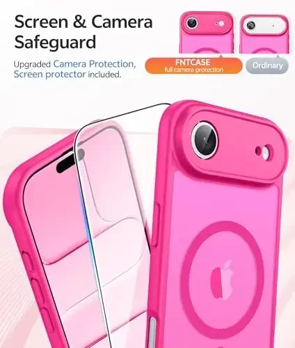 FNTCASE для iPhone Air Case: Magnetic Translucent Matte [Full Covered Camera Protection] [Screen Protector] Military Shockproof Slim Cover Drop Proof Protective 17 Air 2025 Phone Cases - Hot Pink - 4