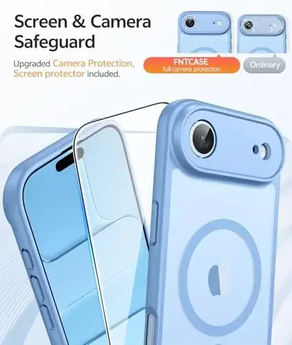 FNTCASE для iPhone Air Case: Magnetic Translucent Matte [Full Covered Camera Protection] [Screen Protector] Military Shockproof Slim Cover Drop Proof Protective 17 Air 2025 Phone Cases - Light Blue - 4