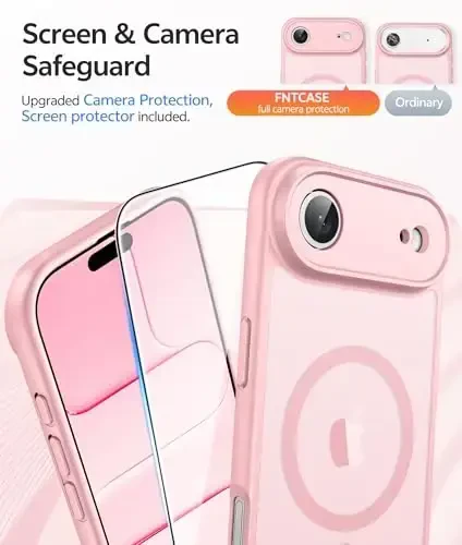FNTCASE для iPhone Air Case: Magnetic Translucent Matte [Full Covered Camera Protection] [Screen Protector] Military Shockproof Slim Cover Drop Proof Protective 17 Air 2025 Phone Cases - Light Pink - 4