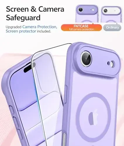 FNTCASE для iPhone Air Case: Magnetic Translucent Matte [Full Covered Camera Protection] [Screen Protector] Military Shockproof Slim Cover Drop Proof Protective 17 Air 2025 Phone Cases - Light Purple - 4