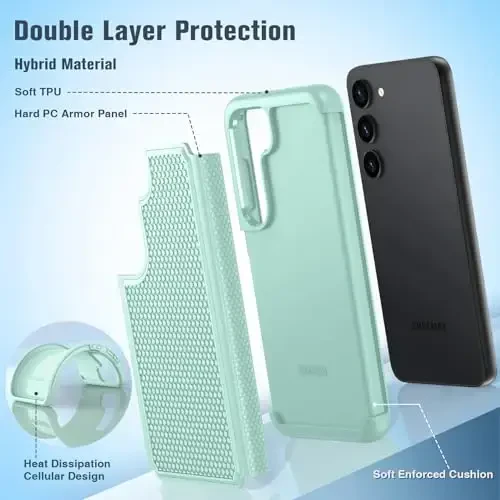 FNTCASE для Samsung Galaxy S23: двухслойный чехол для телефона, противоударный, с текстурой - защита от падений - 2023, 6.1 дюйма, мятно-зеленый - 3