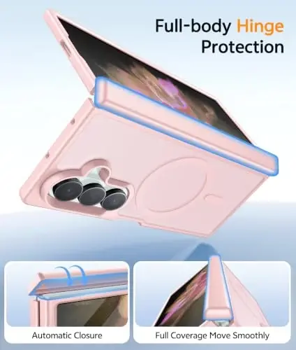 FNTCASE для Samsung Galaxy Z Fold 7 Чехол: Galaxy Z Fold 8 Ultra Чехол [Защита шарнира + Защитное стекло экрана] [Подходит для Magsafe] Военный класс защиты от падений, полупрозрачный матовый чехол для телефона - Светло-розовый - 3