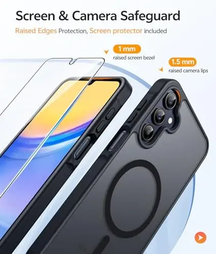 FNTCASE for Galaxy A15 5G Phone Case: [Compatible with Magsafe] [Screen Protector] Matte Translucent Military-Grade Protection for Samsung A15 Cover - Black - 4