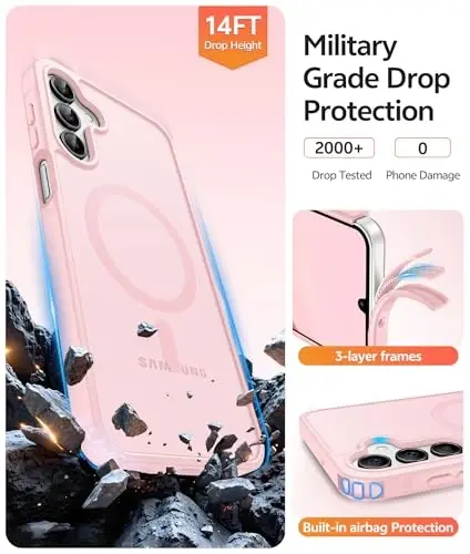 FNTCASE for Galaxy A15 5G Phone Case: [Compatible with Magsafe] [Screen Protector] Matte Translucent Military-Grade Protection for Samsung A15 Cover - Light Pink - 5