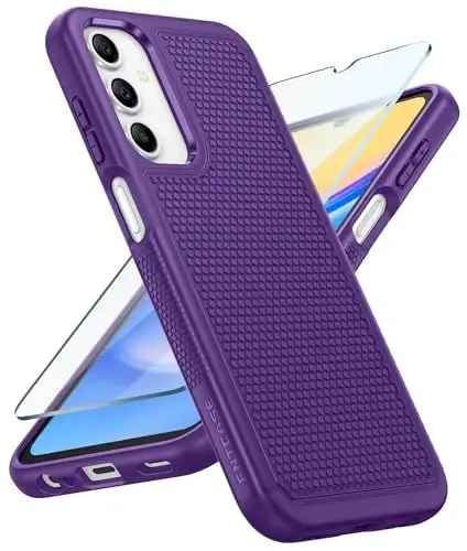 FNTCASE for Galaxy A15-5G Phone Case - Samsung A15 5G Military Grade Drop Protection, 14ft Drop Tested, Screen Protector Included, Anti-Slip Matte Textured, TPU+PC Dual Layer Shockproof Cover (Purple) 