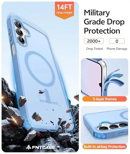 FNTCASE for Galaxy A15 5G Telefon G‘ilofi: [Magsafe bilan mos keladi] [Ekran Himoyachisi] Samsung A15 uchun Mat Shaffof Harbiy Darajadagi Himoya Qopqog‘i - Och Ko‘k - 5