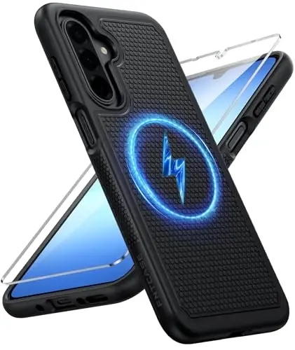 FNTCASE for Galaxy A17/16 5G Phone Case - Samsung A17 Magnetic Cover [Fit for Magsafe] with Screen Protector, Anti-Slip Textured, TPU+PC Dual Layer Shockproof, Military Grade Drop Protection (Black) 
