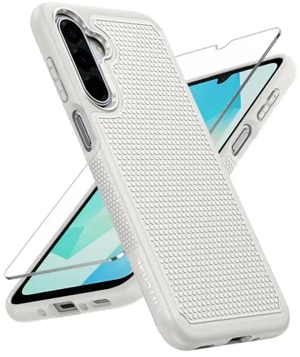 FNTCASE for Galaxy A17/A16 5G Phone Case - Samsung A17 Military Grade Drop Protection, 14ft Drop Tested, Screen Protector Included, Anti-Slip Textured, TPU+PC Dual Layer Shockproof Cover (Off-White) - 1