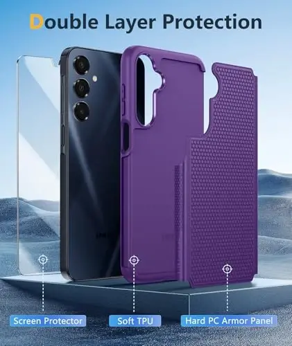 FNTCASE for Galaxy A17/A16 5G Phone Case - Samsung A17 Military Grade Drop Protection, 14ft Drop Tested, Screen Protector Included, Anti-Slip Textured, TPU+PC Dual Layer Shockproof Cover (Purple) - 3