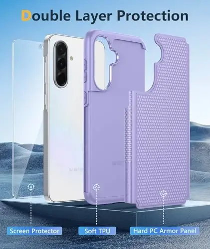 FNTCASE for Galaxy A36-5G Phone Case - A56-5G Military Grade Drop Protection, 14ft Drop Tested, Screen Protector Included, Anti-Slip Matte Textured, TPU+PC Dual Layer Shockproof Cover (Light Purple) - 3