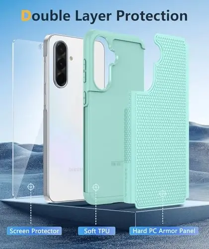 FNTCASE for Galaxy A36-5G Phone Case - A56-5G Military Grade Drop Protection, 14ft Drop Tested, Screen Protector Included, Anti-Slip Matte Textured, TPU+PC Dual Layer Shockproof Cover (Mint Green) - 3