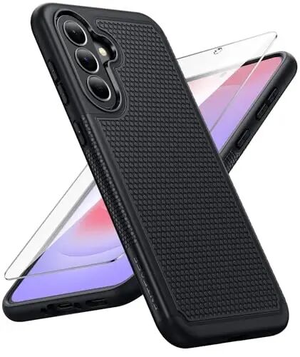 FNTCASE for Galaxy A37-5G Phone Case: Dual Layer Samsung A37 5G Cover Black | Non Slip Matte Textured Protective Cases With Screen Protector, Military Grade Shockproof Drop Protection, Daily Use, Black 