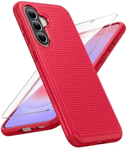 FNTCASE for Galaxy A37-5G Phone Case - Samsung Military Grade Drop Protection Cases, 14ft Drop Tested, Screen Protector Included, Anti-Slip Matte Textured, TPU+PC Dual Layer Shockproof Cover (Red) 