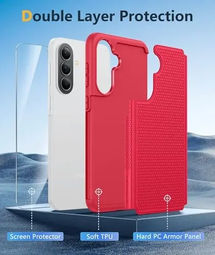FNTCASE for Galaxy A37-5G Phone Case - Samsung Military Grade Drop Protection Cases, 14ft Drop Tested, Screen Protector Included, Anti-Slip Matte Textured, TPU+PC Dual Layer Shockproof Cover (Red) - 3