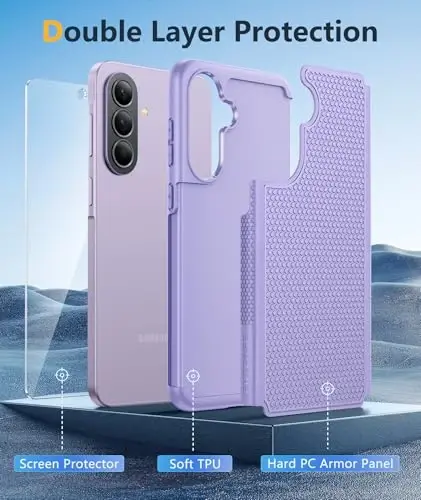 FNTCASE for Galaxy A37-5G Phone Case - Samsung Military Grade Drop Protection Cases, 14ft Drop Tested, Screen Protector Included, Anti-Slip Textured, TPU+PC Dual Layer Shockproof Cover (Light Purple) - 3