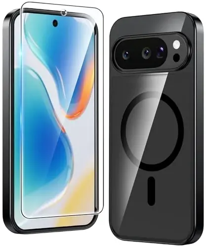 FNTCASE for Google Pixel-10-Pro XL Case: Clear Pixel 9 Pro XL Phone Cases Magnetic with Screen Protector Transparent Slim Cell Cover Anti Yellowing Rugged Shockproof Protective (Black) - FNTCASE