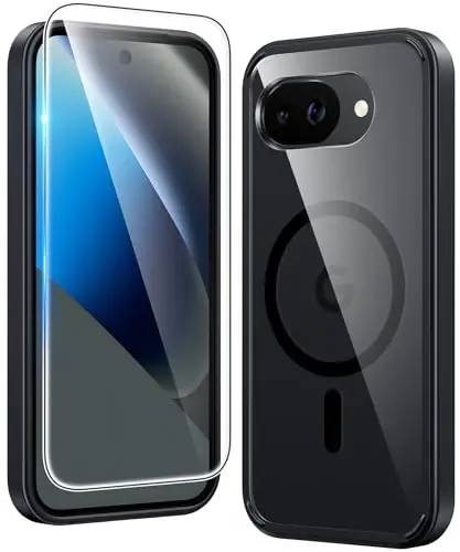 FNTCASE for Google Pixel 10a Case: Magnetic Military Grade Drop Protection with Screen Protector Anti Yellowing Cell Phone Cover - Rugged Shockproof Protective Bumper Transparent Cases(B-Black) - FNTCASE