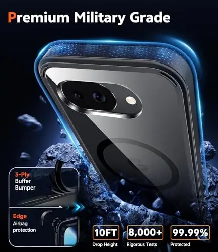FNTCASE for Google Pixel 10a Case: Magnetic Military Grade Drop Protection with Screen Protector Anti Yellowing Cell Phone Cover - Rugged Shockproof Protective Bumper Transparent Cases(B-Black) - 6