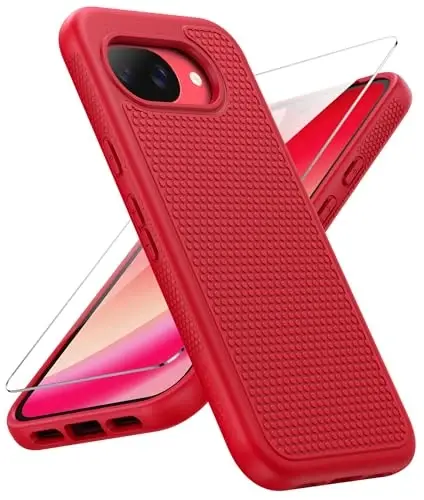 FNTCASE for Google Pixel 10A Case - Military Grade Drop Protection, 14ft Drop Tested, Screen Protector Included, Anti-Slip Anti-Fingerprint Matte Textured, Soft TPU Shockproof Cover (Red) 