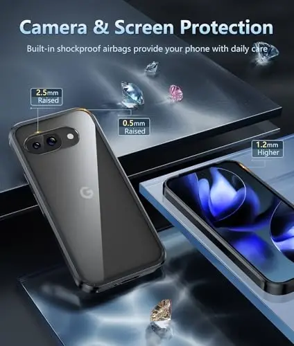 FNTCASE for Google Pixel 9a Case: Military Grade Drop Protection Anti Yellowing Cell Phone Cover - Rugged Shockproof Protective Bumper Transparent Cases(Black) - 5