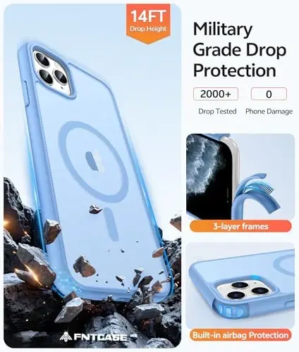 FNTCASE for iPhone 11 Pro Case: [Magsafe bilan mos keladi] Yarim shaffof matli magnitli telefon g‘ilofi - Harbiy darajadagi tushishdan himoya qiluvchi zarbga chidamli himoya g‘ilof iPhone 11Pro 2019 uchun - Och moviy - 5