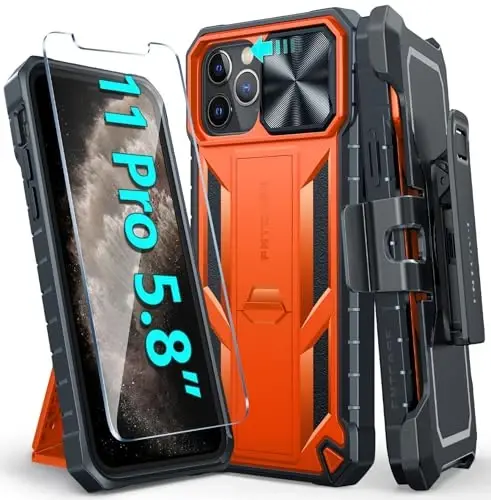 FNTCASE for iPhone 11-Pro Case with Belt Clip Holster Kickstand & Slide | Military Grade Dropproof Protection, Heavy Duty Rugged Cell Cover, Bumper, Orange - 1