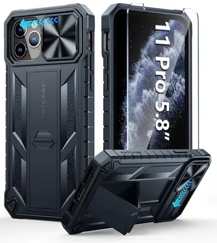 FNTCASE for iPhone 11-Pro Case with Kickstand & Slide Black | Military Grade Dropproof Protection, Heavy Duty Rugged Cell Cover, Bumper, Black - 1