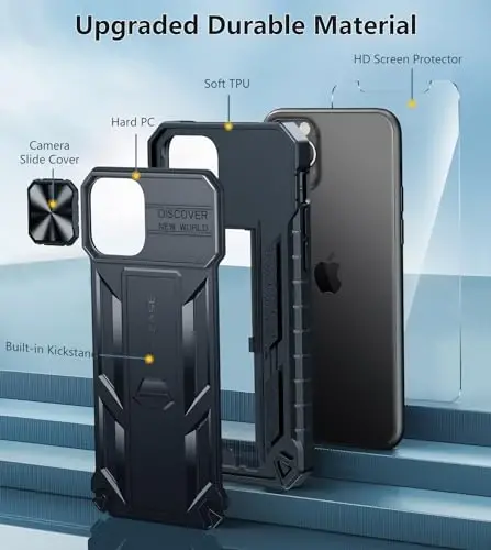 FNTCASE for iPhone 11-Pro Case with Kickstand & Slide Black | Military Grade Dropproof Protection, Heavy Duty Rugged Cell Cover, Bumper, Black - 5