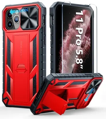 FNTCASE for iPhone 11-Pro Case with Kickstand & Slide Red | Military Grade Dropproof Protection, Heavy Duty Rugged Cell Cover, Bumper, Red - 1