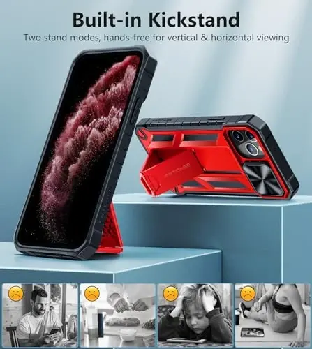 FNTCASE for iPhone 11-Pro Case with Kickstand & Slide Red | Military Grade Dropproof Protection, Heavy Duty Rugged Cell Cover, Bumper, Red - 4