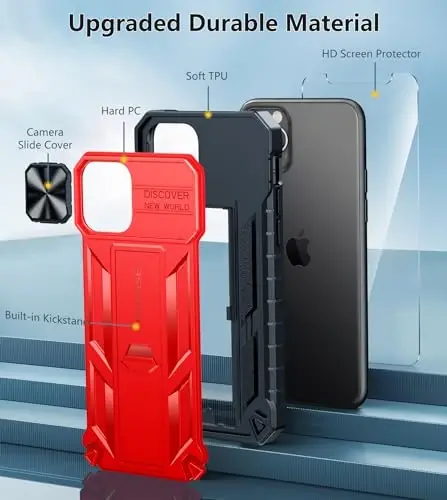 FNTCASE for iPhone 11-Pro Case with Kickstand & Slide Red | Military Grade Dropproof Protection, Heavy Duty Rugged Cell Cover, Bumper, Red - 5