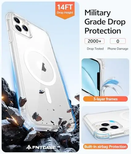 FNTCASE for iPhone 11 Pro Max Case: [Magsafe bilan mos keladi] Sarg‘aymaydigan shaffof magnit telefon g‘ilofi - iPhone 11ProMax 2019 g‘iloflari uchun Harbiy darajadagi zarbga chidamli tushishdan saqlovchi himoya - Shaffof - 5
