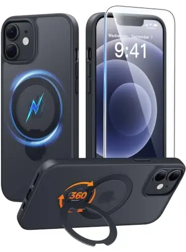 FNTCASE for iPhone 12 Case: iPhone 12 Pro Phone Case [360 Spin Magnetic Stand] [Compatible with Magsafe] [Screen Protector] Translucent Matte Military Grade Shockproof Phone Cover - Black - 1