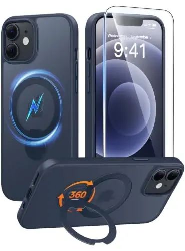 FNTCASE for iPhone 12 Case: iPhone 12 Pro Phone Case [360 Spin Magnetic Stand] [Compatible with Magsafe] [Screen Protector] Translucent Matte Military Grade Shockproof Phone Cover - Deep Blue - 1