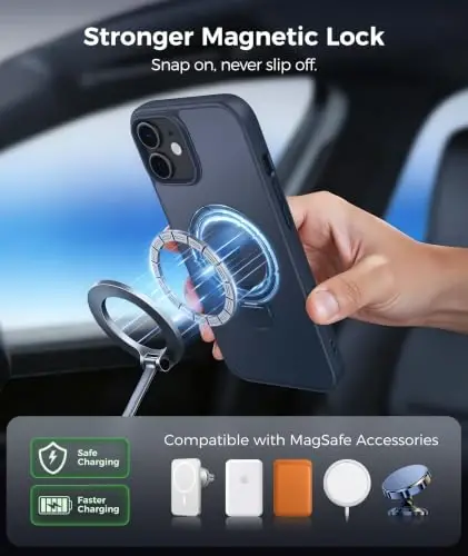 FNTCASE for iPhone 12 Case: iPhone 12 Pro Phone Case [360 Spin Magnetic Stand] [Compatible with Magsafe] [Screen Protector] Translucent Matte Military Grade Shockproof Phone Cover - Deep Blue - 5