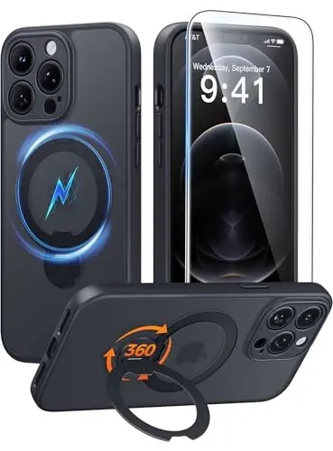 FNTCASE for iPhone 12 Pro-Max Case: [360 Spin Magnetic Stand] [Compatible with Magsafe] [Screen Protector] Translucent Matte Military Grade Shockproof Full Camera Protective Phone Cover - Black 