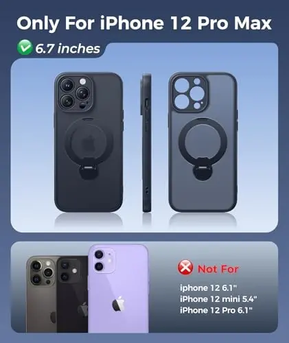 FNTCASE for iPhone 12 Pro-Max Case: [360 Spin Magnetic Stand] [Compatible with Magsafe] [Screen Protector] Translucent Matte Military Grade Shockproof Full Camera Protective Phone Cover - Black - FNTCASE (1)