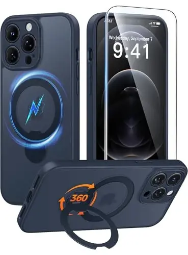 FNTCASE for iPhone 12 Pro-Max Case: [360 Spin Magnetic Stand] [Compatible with Magsafe] [Screen Protector] Translucent Matte Military Grade Shockproof Full Camera Protective Phone Cover - Deep Blue 