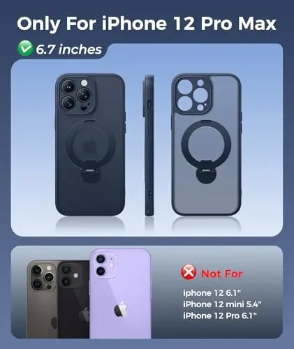 FNTCASE for iPhone 12 Pro-Max Case: [360 Spin Magnetic Stand] [Compatible with Magsafe] [Screen Protector] Translucent Matte Military Grade Shockproof Full Camera Protective Phone Cover - Deep Blue - FNTCASE (1)