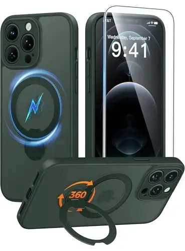 FNTCASE for iPhone 12 Pro-Max Case: [360 Spin Magnetic Stand] [Compatible with Magsafe] [Screen Protector] Translucent Matte Military Grade Shockproof Full Camera Protective Phone Cover - Green - FNTCASE