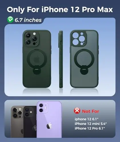 FNTCASE for iPhone 12 Pro-Max Case: [360 Spin Magnetic Stand] [Compatible with Magsafe] [Screen Protector] Translucent Matte Military Grade Shockproof Full Camera Protective Phone Cover - Green - 2