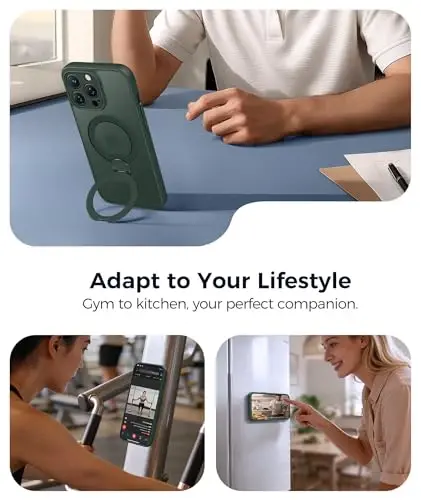 FNTCASE for iPhone 12 Pro-Max Case: [360 Spin Magnetic Stand] [Compatible with Magsafe] [Screen Protector] Translucent Matte Military Grade Shockproof Full Camera Protective Phone Cover - Green - 4
