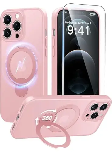 FNTCASE for iPhone 12 Pro-Max Case: [360 Spin Magnetic Stand] [Compatible with Magsafe] [Screen Protector] Translucent Matte Military Grade Shockproof Full Camera Protective Phone Cover - Pink 