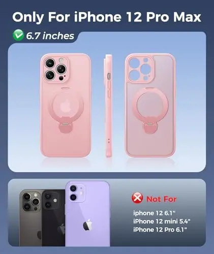 FNTCASE for iPhone 12 Pro-Max Case: [360 Spin Magnetic Stand] [Compatible with Magsafe] [Screen Protector] Translucent Matte Military Grade Shockproof Full Camera Protective Phone Cover - Pink - 2
