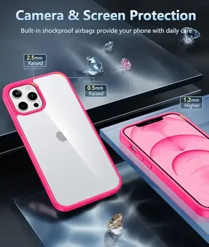 FNTCASE for iPhone 12 Pro-Max Case: Military Grade Drop Protection Anti Yellowing Cell Phone Cover - Rugged Shockproof Protective Bumper Transparent Cases (D-Hot Pink) - 5