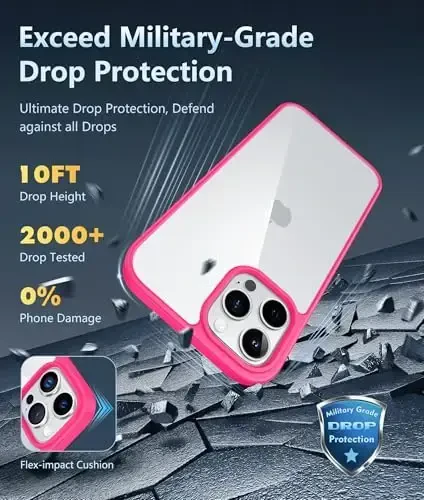 FNTCASE for iPhone 12 Pro-Max Case: Military Grade Drop Protection Anti Yellowing Cell Phone Cover - Rugged Shockproof Protective Bumper Transparent Cases (D-Hot Pink) - 6