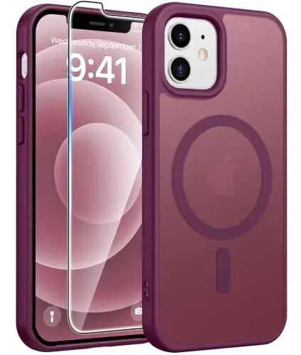 FNTCASE for iPhone 12/12 Pro Case, Fit for Magsafe, Wine Red | Screen Protector, Translucent Matte, Military Grade Drop Proof, Shockproof Protection Bumper, Protective Magnetic Phone Cover - FNTCASE